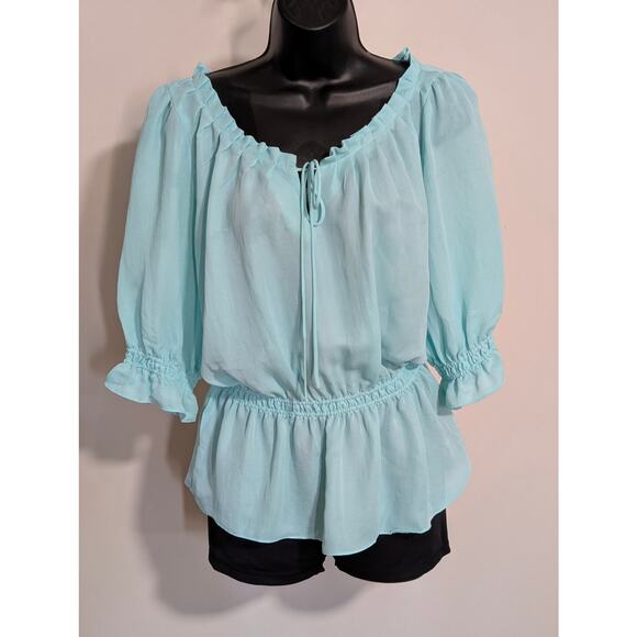 Willi Smith Light Blue Ruffled Peasant Blouse Peplum Top 3/4 Sleeve Medium - Picture 1 of 5